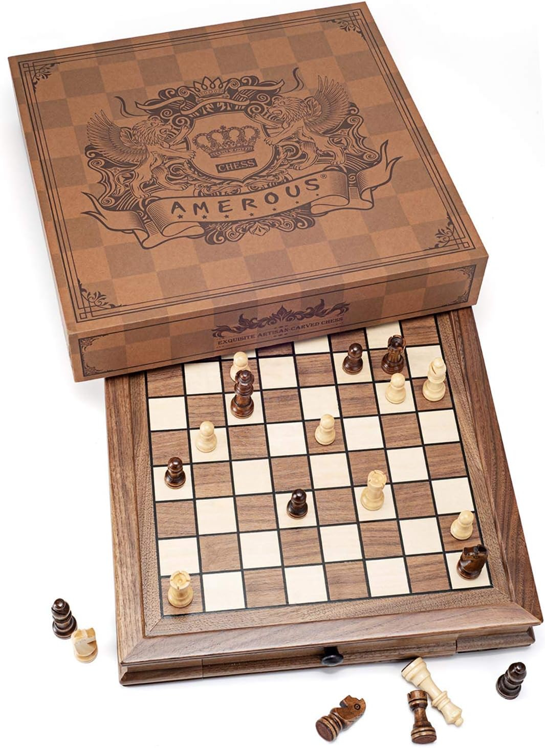 AMEROUS Magnetic Wooden Chess Set, 12.8" x 12.8" Walnut Chess Board Game with 2 Built-in Storage Drawers - 2 Bonus Extra Queens - Chess for Beginner, Kids and Adults, Gift Packaging