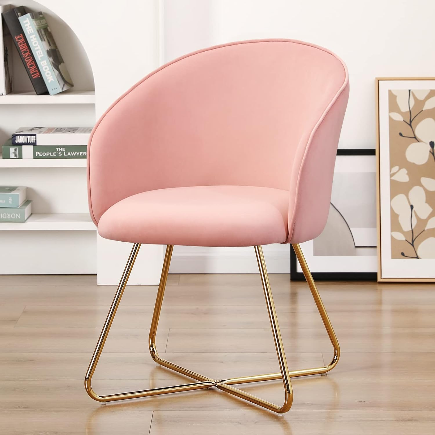 Furniliving  Velvet Upholstered Accent Chair Mid-Back Leisure Chairs Makeup Vanity Stool  , Pink