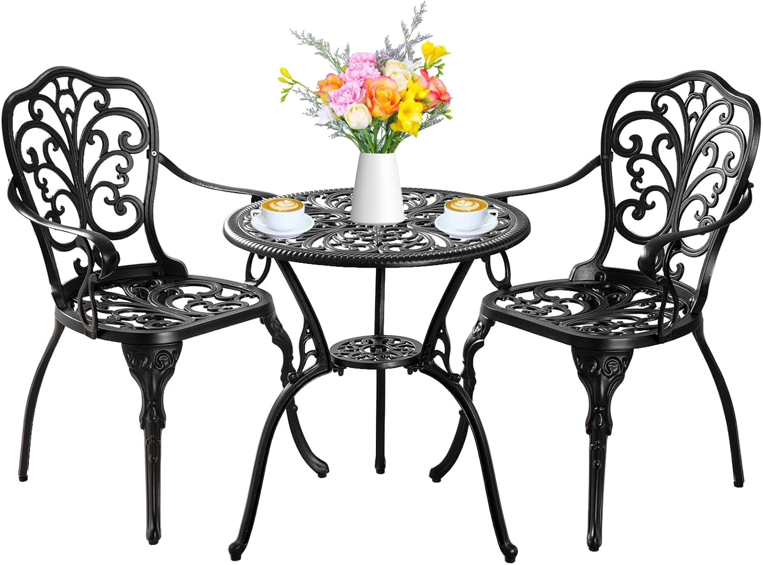 PATIO-IN 3 Piece Bistro Set Cast Aluminum Bistro Table and Chairs Set of 2 with Umbrella Hole,Patio Furniture Sets for Front Porch,Garden
