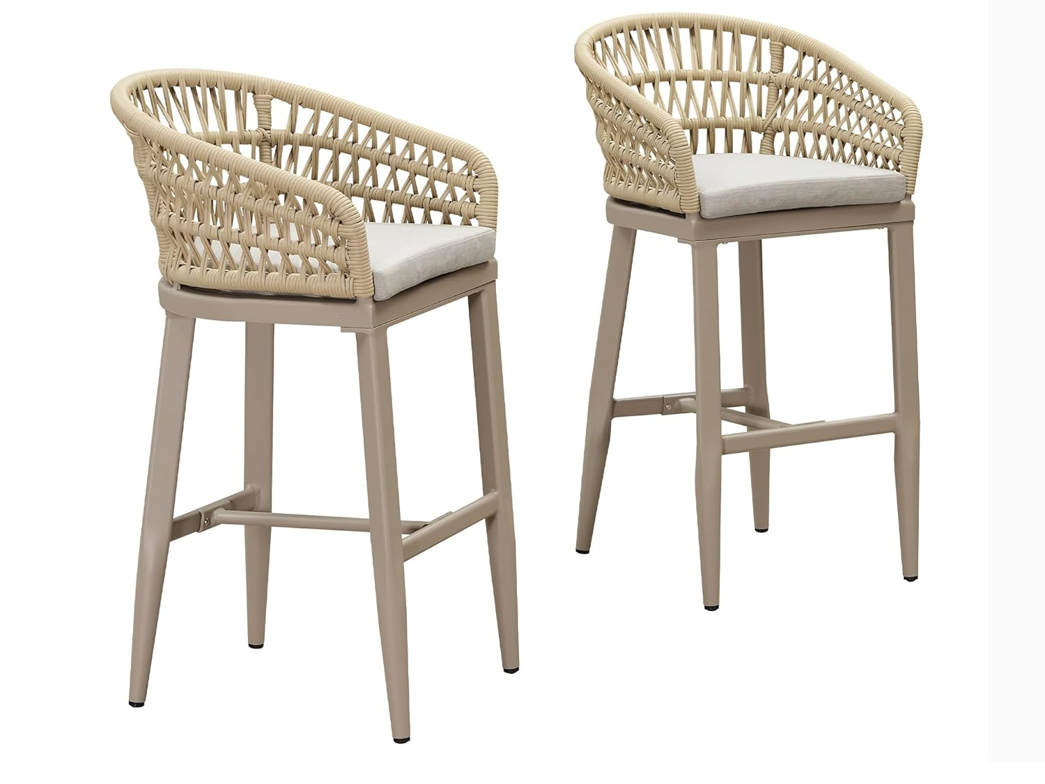 Champagne Aluminum and Rattan Bar Stools with Cushions, Set of 2