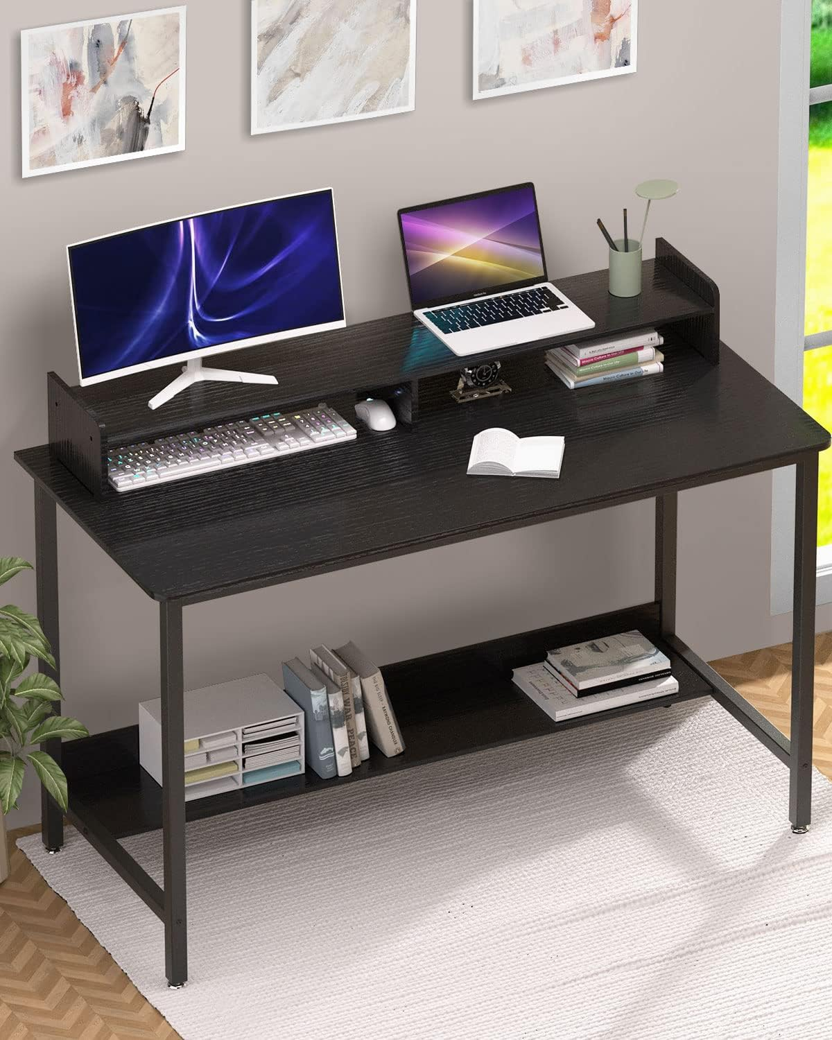 Computer Desk with Shelves, 43 Inch Gaming Writing Desk, Study PC Table Workstation with Storage for Home Office, Living Room, Bedroom, Metal Frame, Black.