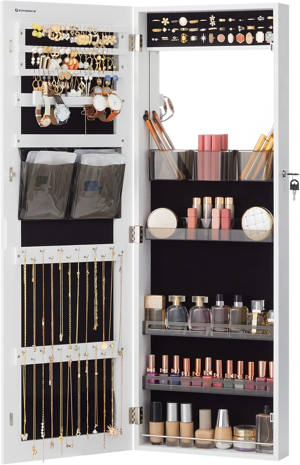 SONGMICS Jewelry Armoires Wall/Door Mount Jewelry Storage Cabinet Organizer Box Full-Length Mirror with Built-in Small Mirror Jewelry Shelves Gift White