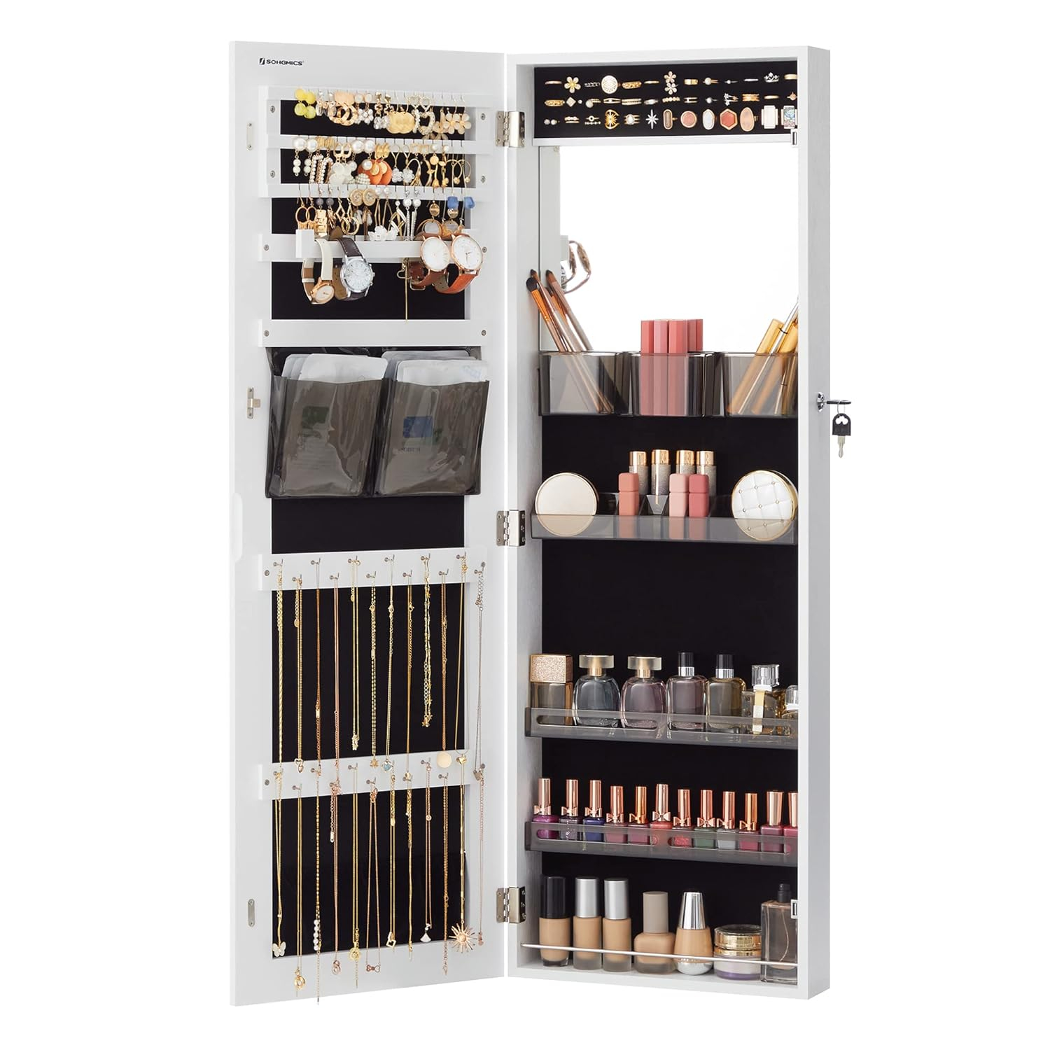 SONGMICS Jewelry Armoires Wall/Door Mount Jewelry Storage Cabinet Organizer Box Full-Length Mirror with Built-in Small Mirror Jewelry Shelves Gift White