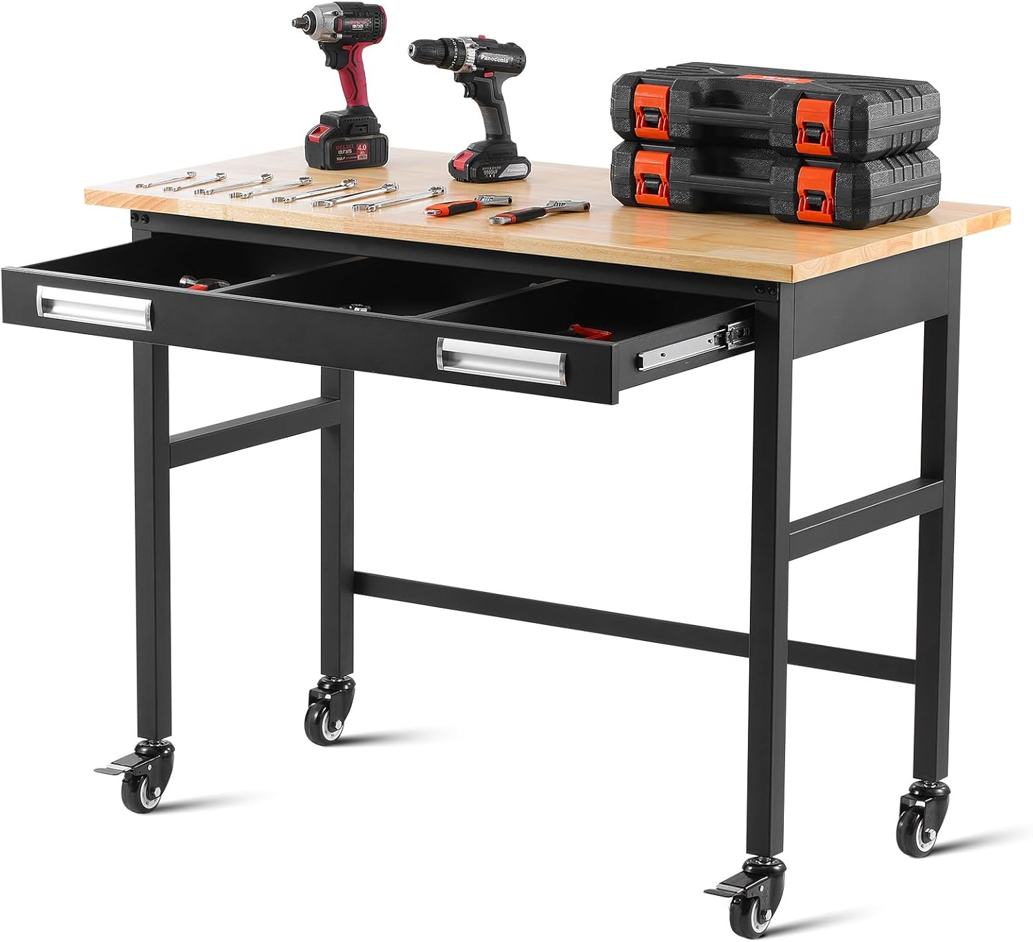 VEVOR Workbench, 48-inch Garage Workbench with Drawer Storage & Wheels, 1500 lbs Load Capacity Workshop Bench on Wheels, Heavy Duty Oak Wood Top Work Table for Garage, Workshop, Office, and Home