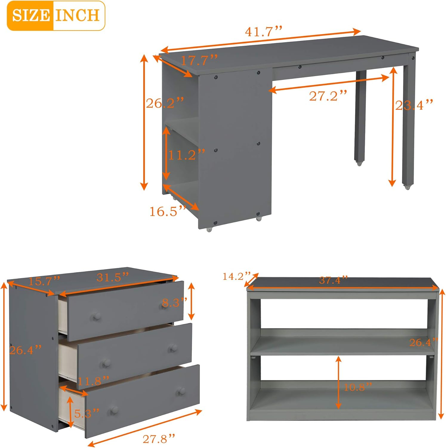 Twin Loft Bed Frame with Rolling Desk, Cabinets and Bookshelf, Wood Low Study Loft Bed with Full-length Guardrail for Kids, No Box Spring Required, Gray