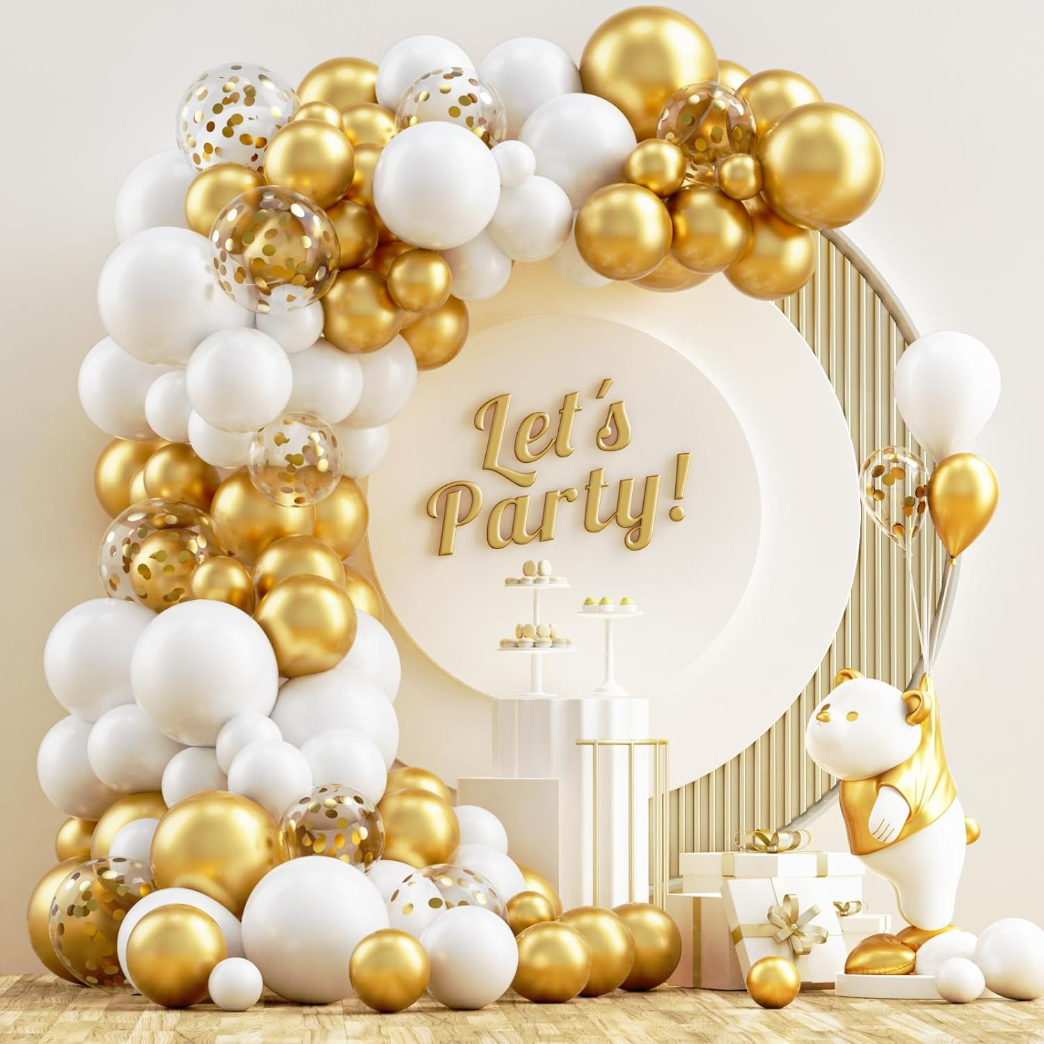 NISOCY White and Gold Balloons Garland Kit, 120PCS White Metallic Gold Confetti Balloon Arch Kit for Birthday Wedding Engagements Graduation Baby Bridal Shower Anniversary Party Decorations