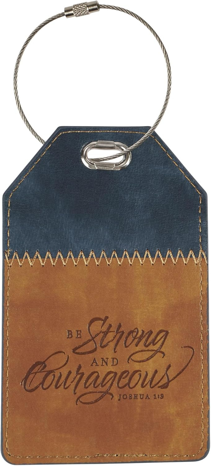 Christian Art Gifts Inspirational Vegan Leather Scripture Luggage Tag for Men & Women: Strong & Courageous - Baggage Accessory for Carry-On, Checked Bags, Backpacks, 4.8 X 3.1, Black/Brown (Other)