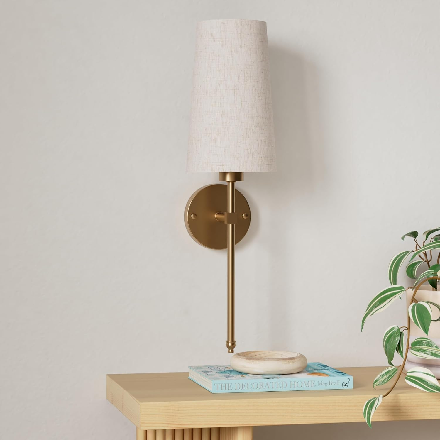 Battery Operated Wall Sconce Set Of Two with Remote Control, Indoor Not Hardwired Dimmable Battery Operated Wall Sconce Light Fixture with Fabric Linen Shade For Bedroom Living Room, Bulb Included ( C