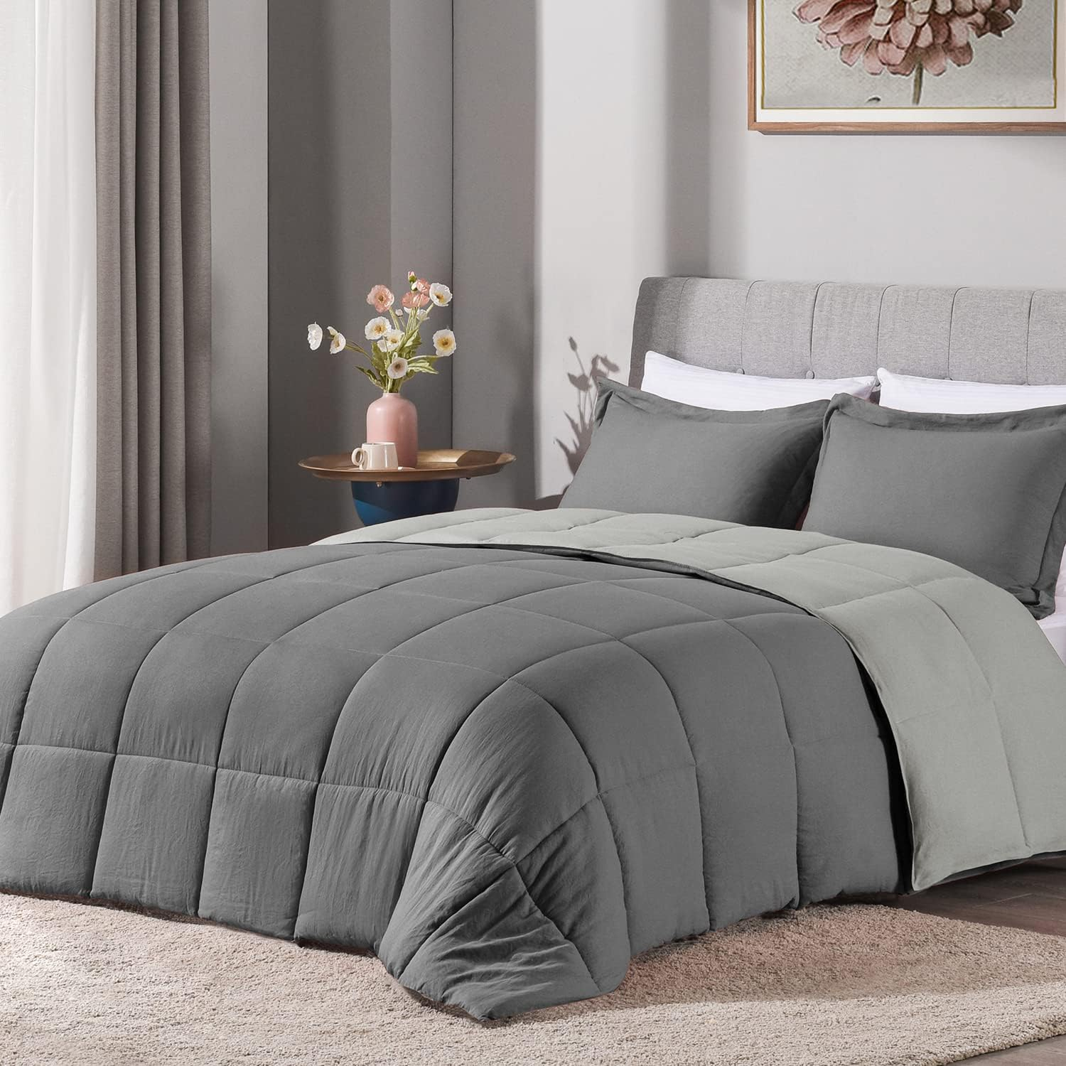 LOVTEX 3PCS Grey Comforter Queen Set - Ultra Soft Washed Microfiber Queen Comforter Set - Reversible Down Alternative Comforter with 2 Pillow Shams(Grey/Charcoal)