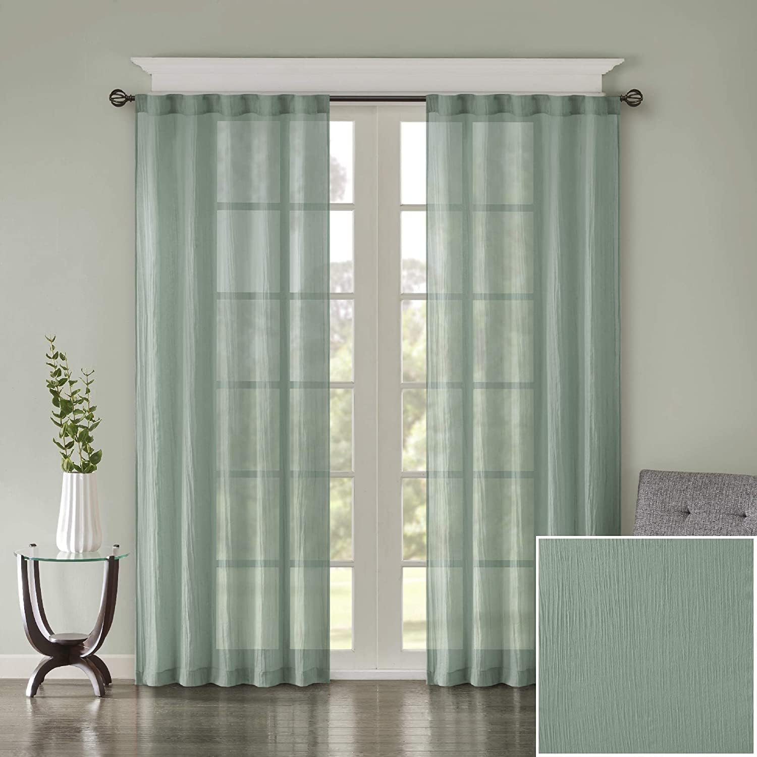 Aqua Sheer Polyester Ground Length Window Drapes, 2 Piece