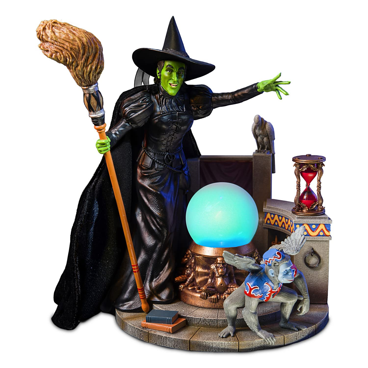 The Wizard of OZ Hand-Painted Wicked Witch of The WEST Sculpture with Poseable Fabric Cape, Hour Glass, Flying Monkey and Color-Changing Crystal Ball