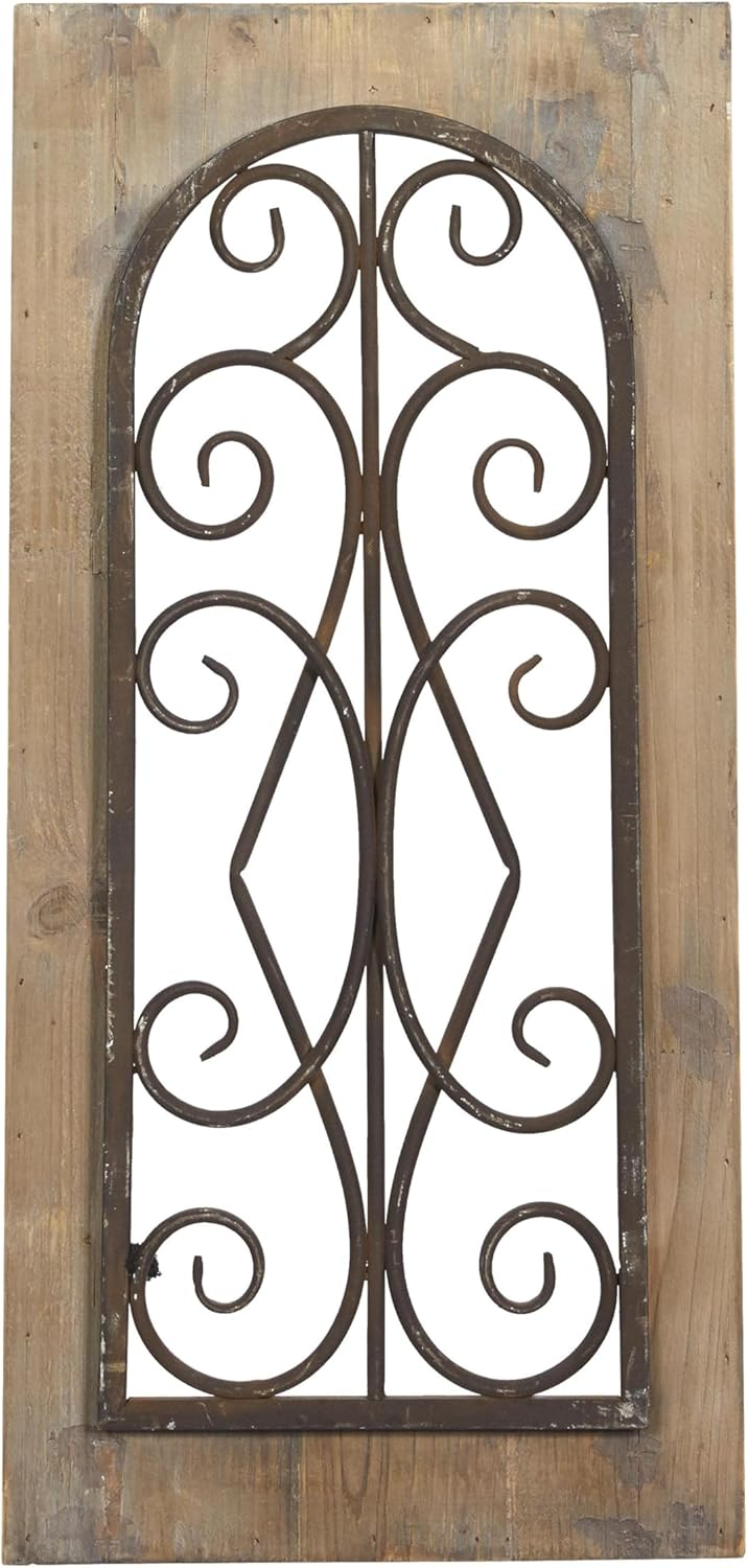 Deco 79 Wood Scroll Home Wall Decor Window Inspired Wall Sculpture with Metal Scrollwork Relief, Wall Art 11" x 2" x 23", Brown