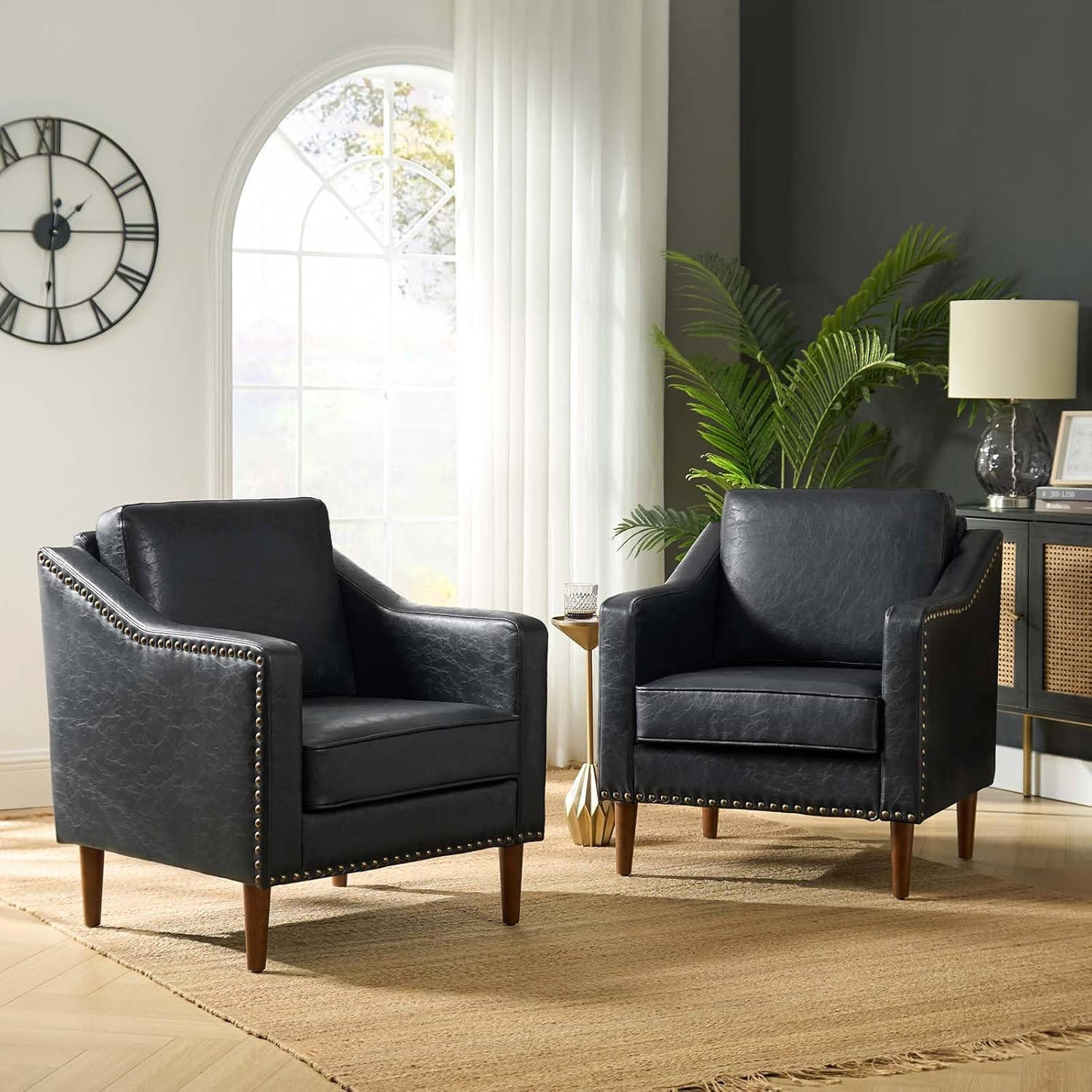 HULALA HOME Faux Leather Accent Armchairs Set of 2 with Back & Seat Cushions, Traditional Club Chairs with Nailhead Trim, Comfy Upholstered Sofa Chairs for Living Room Bedroom, Beige