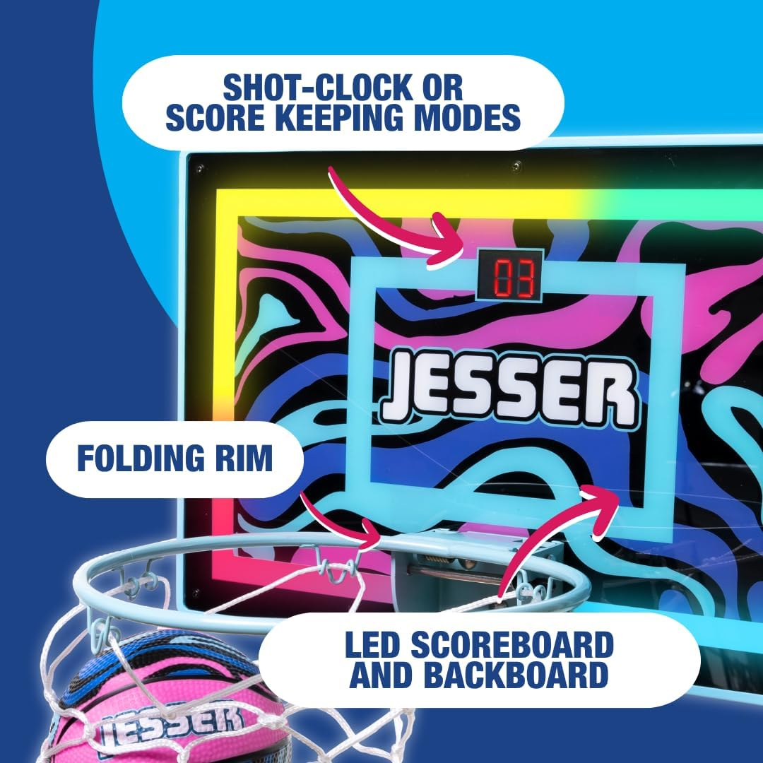 BucketSquad Jesser Hoop, Electronic over the Door Mini Digital Basketball Hoop Set with LED Lights