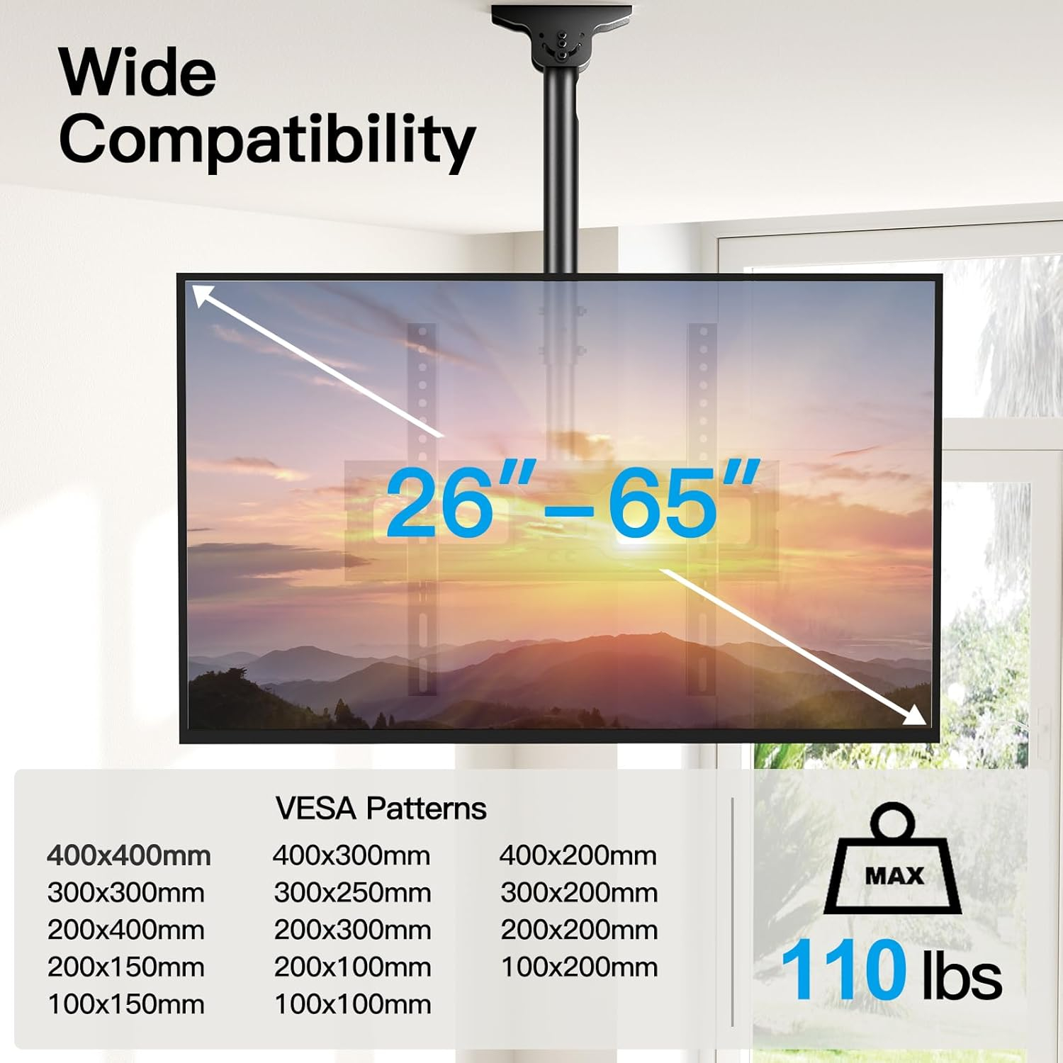 PERLESMITH Ceiling TV Mount for 26-65 inch Flat Screen Displays, Hanging Adjustable Ceiling TV Bracket Fits Most LCD LED OLED 4K TVs, Pole Ceiling Mount Holds up to 110lbs, Max VESA 400x400mm, PSCM2