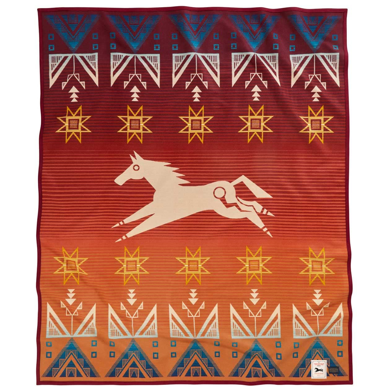 Twin Size Red and Blue Wool Blanket with Geometric Patterns