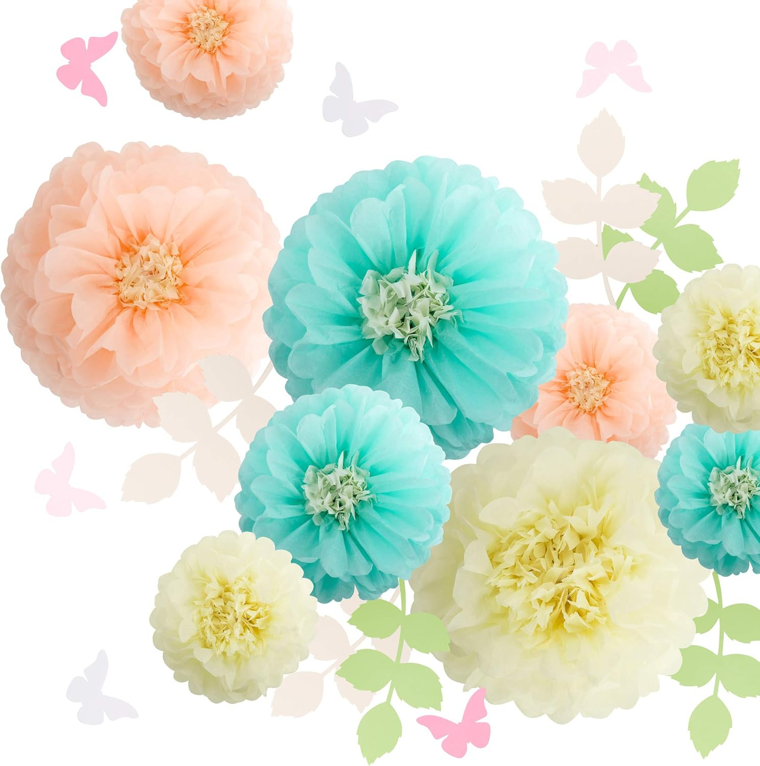 Fonder Mols Paper Flowers Decorations Tissue Pom Poms Blooms for Wall Decorations, Wedding Backdrop, Archway, Baby Shower, Nursery Wall Decor (Set of 21, Ivory Peach Mint)
