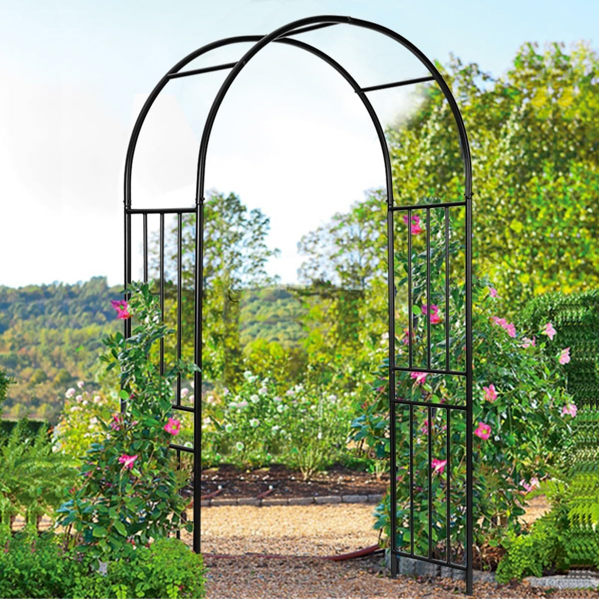 Gymax 7.2Ft Garden Arch Steel Arbor Wedding Garden Decoration Climbing Plants w/Stakes