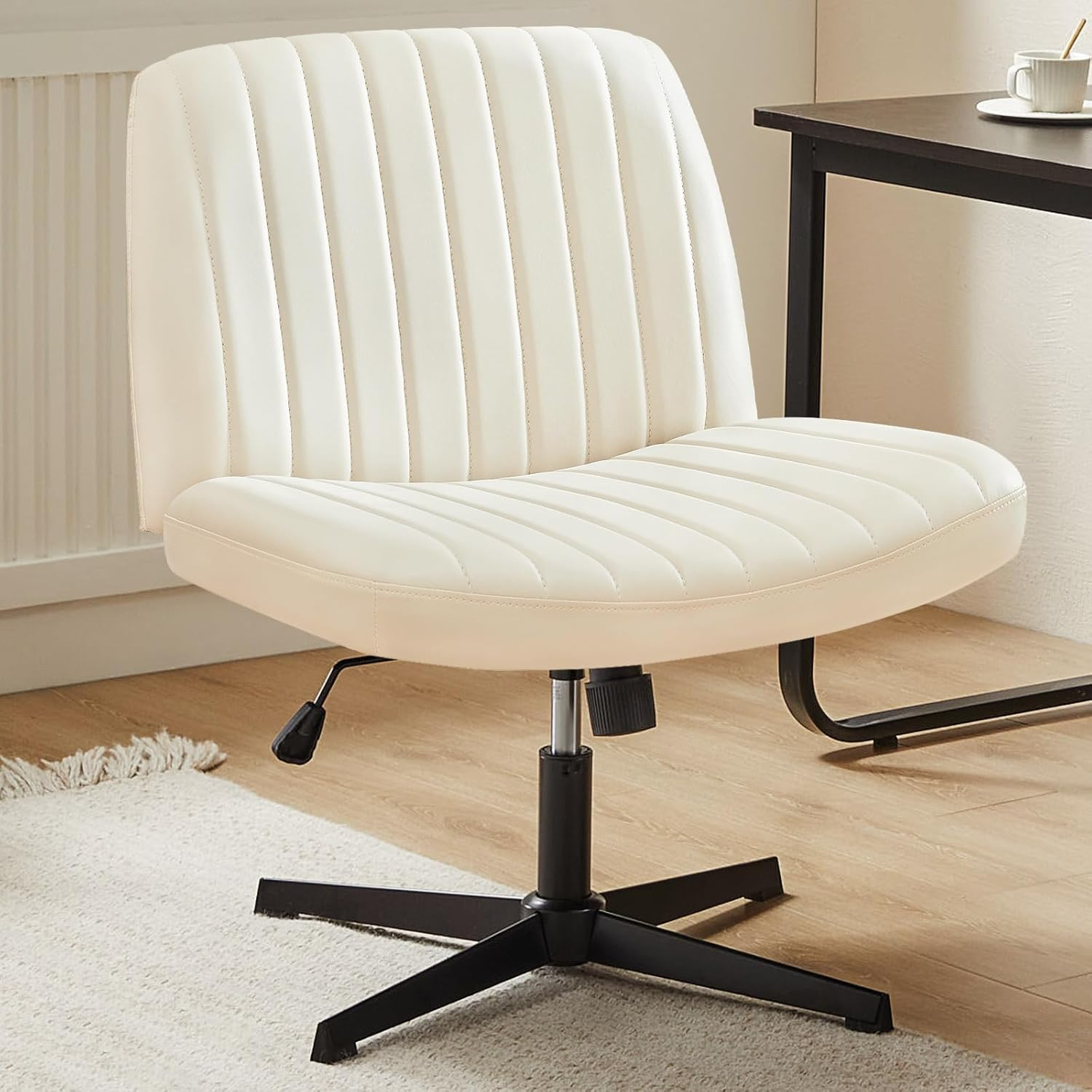 Sweetcrispy Criss Cross Chair Legged, Armless Office Desk Chair No Wheels, Swivel Vanity Chair, Height Adjustable Wide Seat Computer Task Chair, Fabric Vanity Modern Home Chair Cream