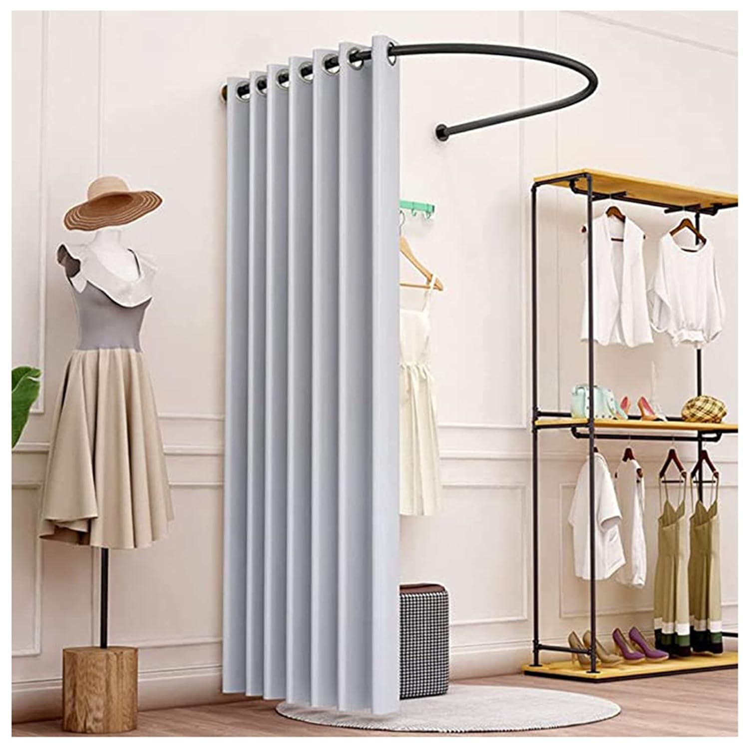 Madamera Clothing Store Fitting Room, Changing Room Used in Mall and Office, U-Dressing Room for Privacy Protection and Room Divider, Including Shading Curtain, Hanging Rod and Hook Up (Grey)
