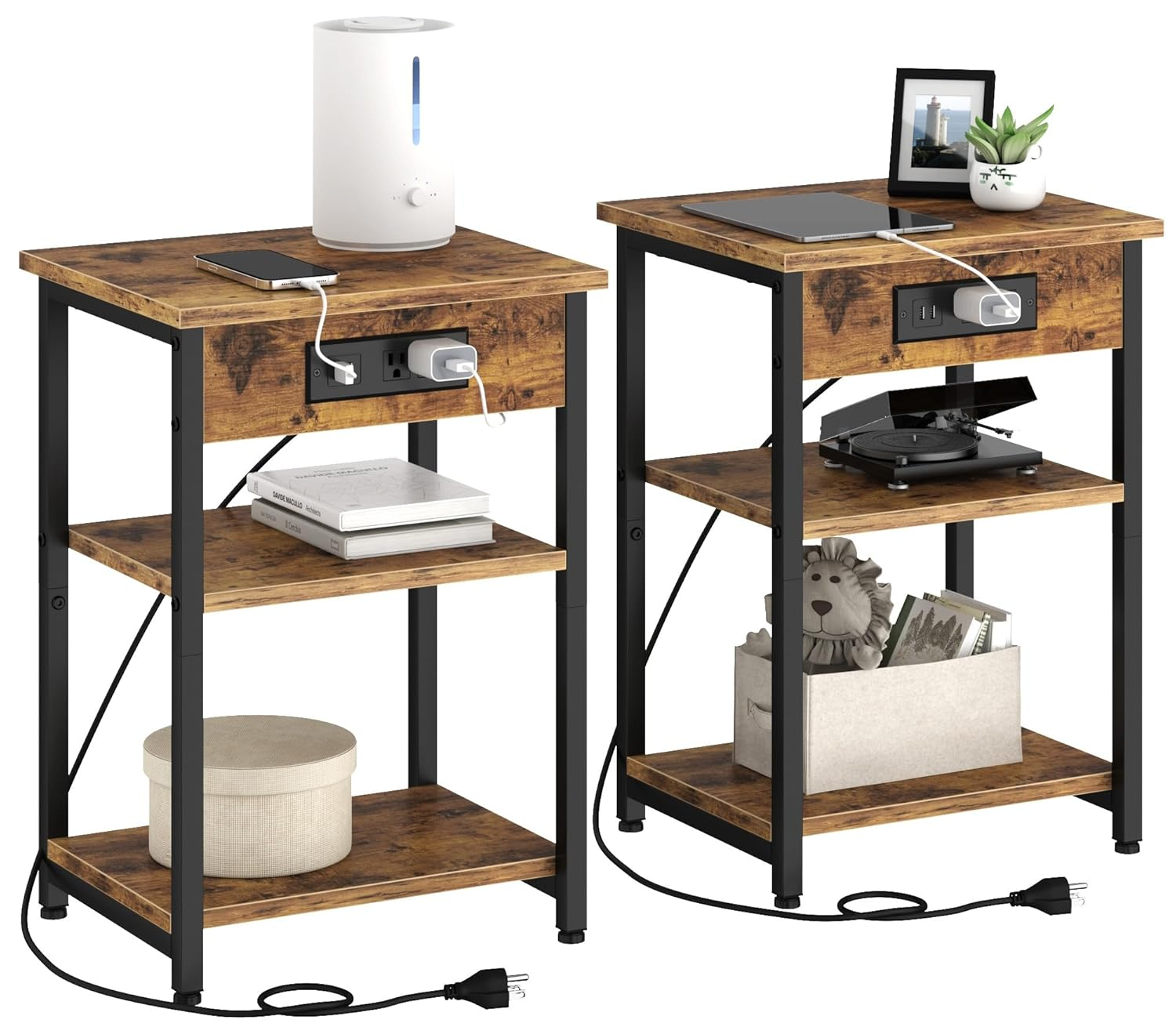 End Tables Set of 2 with Charging Station USB Ports, 3 Tier Tall Night Stand with Storage Shelves, Record Player Stand Narrow Side Table for Small Space Living Room Bedroom Office, Rustic Brown
