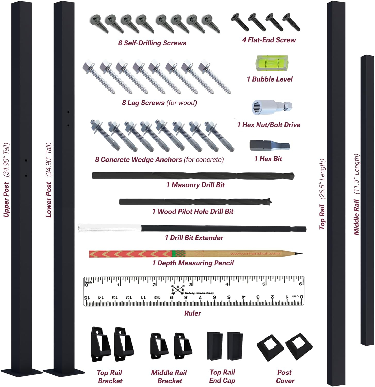 CHR Fence & Rail Hand Rails for Outdoor Steps, 2 Step Handrail & Indoor Stair Railing Kit, Railings for Outdoor Steps and Hand Rails for Seniors for Porch Railing & Deck Hand Rail, 1-2 Step Railing