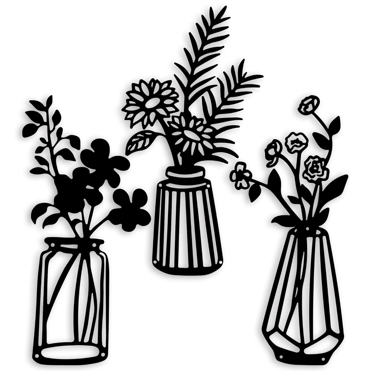 3 Pieces Black Metal Flowers Wall Decor Vase Art Sculptures Hanging for Indoor Kitchen Bathroom Dining Room Patio, 14.56x7.48 Inches