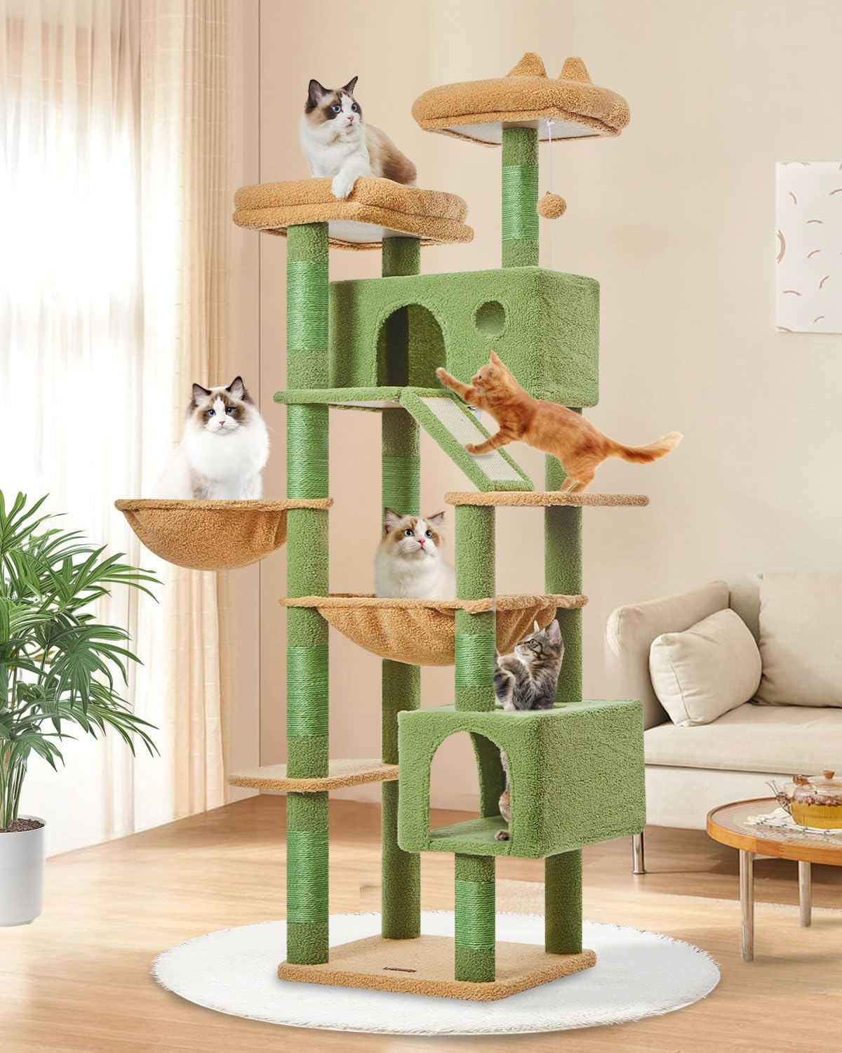 71-Inch Large Cat Tree For Large Cats Plush Multi-Level Cat Condo With 8 Scratching Posts 2 Perches Cave Hammock 2 Pompoms Scratch Board