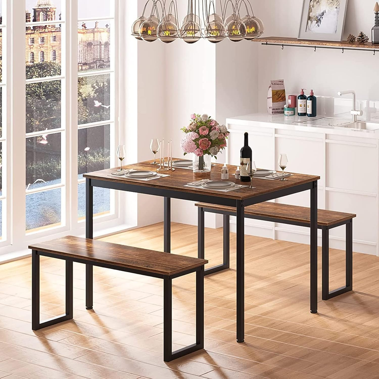 SogesPower Modern Dining Table Set with 2 Benches, 3 Piece Dining Table Set- White