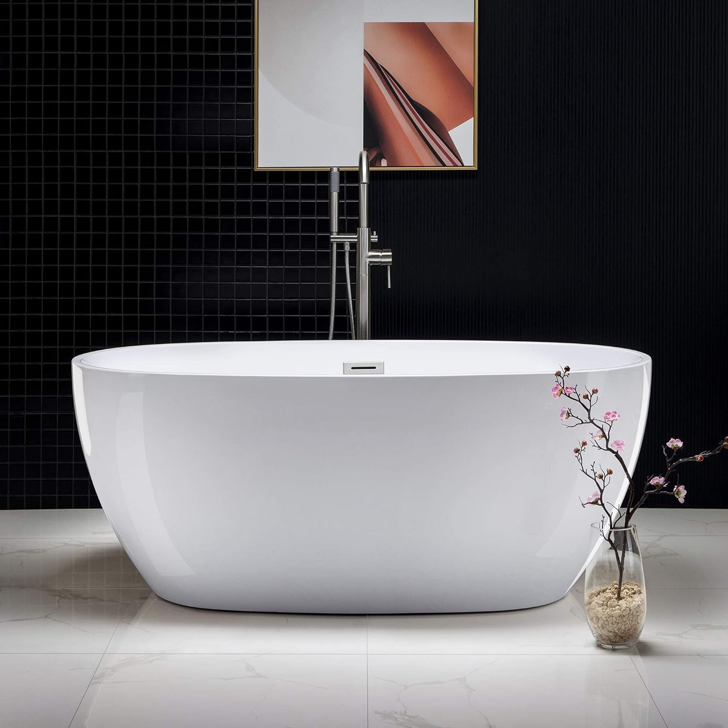 WOODBRIDGE Acrylic Freestanding Bathtub Contemporary Soaking Tub with Brushed Nickel Overflow and Drain BTA1518-B,White, 59" B-0018