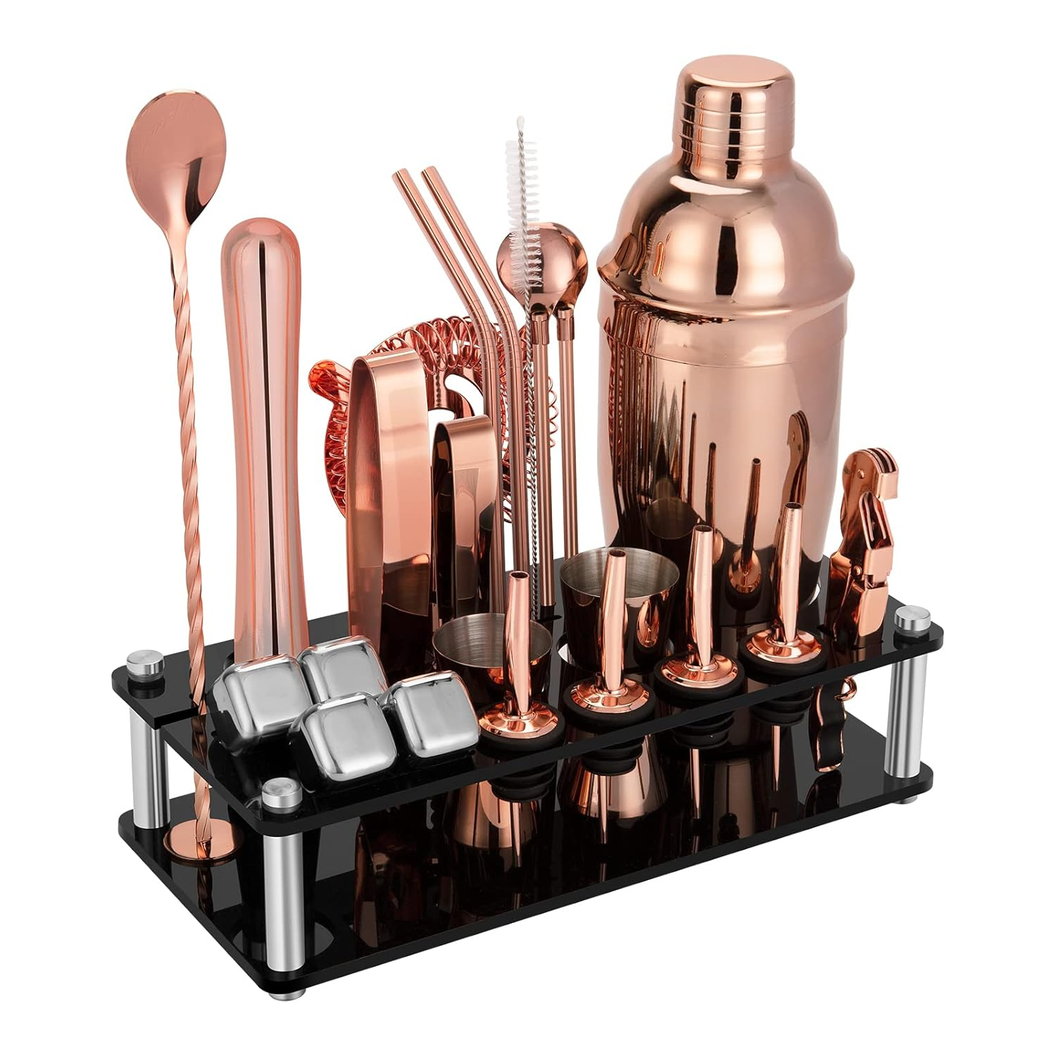 23 Piece Cocktail Shaker Set Bartender Kit with Acrylic Stand & Cocktail Recipes Booklet, Professional Bar Tools for Drink Mixing, Home, Bar, Party (Include 4 Whiskey Stones) - Gold Rose