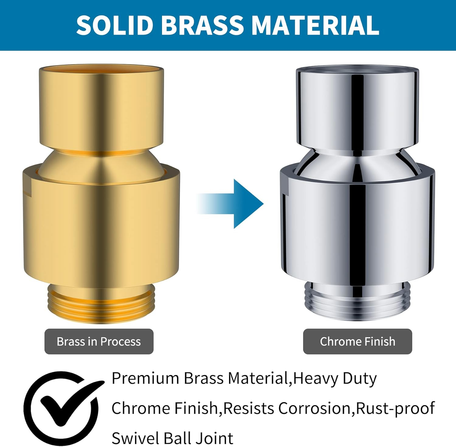 Hibbent All Metal Shower Head Swivel Ball Joint Adapter, Solid Brass Adjustable Shower Arm Connector, Showerhead Extension, Universal Showering Component, Polished Chrome