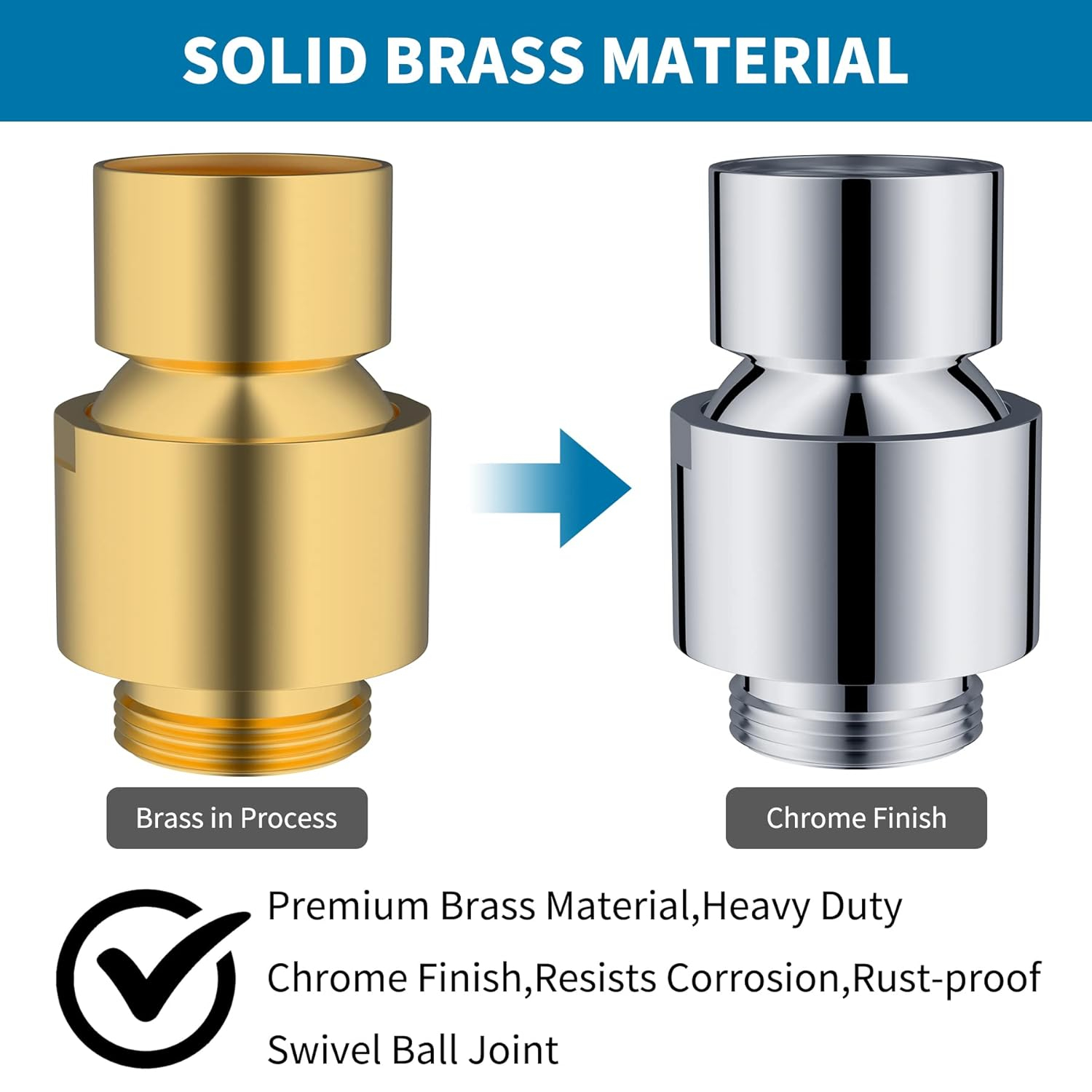 Hibbent All Metal Shower Head Swivel Ball Joint Adapter, Solid Brass Adjustable Shower Arm Connector, Showerhead Extension, Universal Showering Component, Polished Chrome