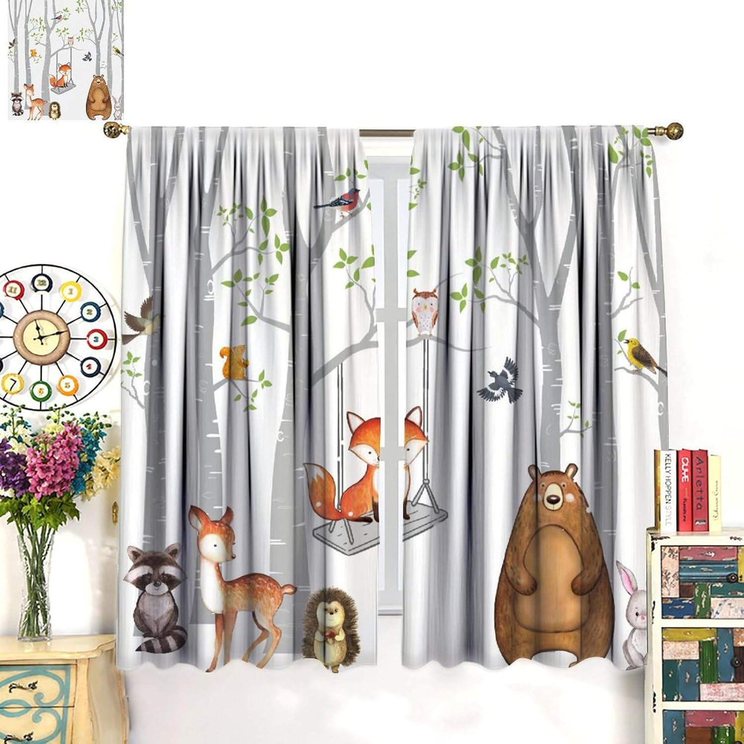 Woodland Kids Curtains, Rustic Vintage Forest Window Drapes Farnhouse Cabin Funny Animals Window Treatments for Boys Girls Bedroom Living Room, 42x45in （No Blackout）