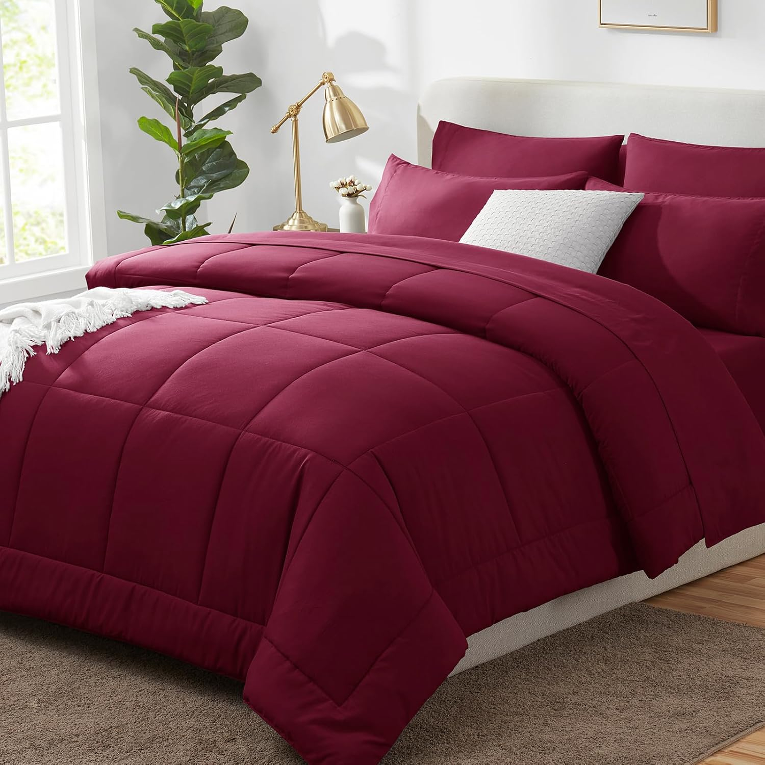 CozyLux Burgundy Comforter Set Queen 7 Pieces Red Comforter Set Queen Bedding Sets Maroon Wine with All Season Quilted Comforter, Flat Sheet, Fitted Sheet, Pillowcases