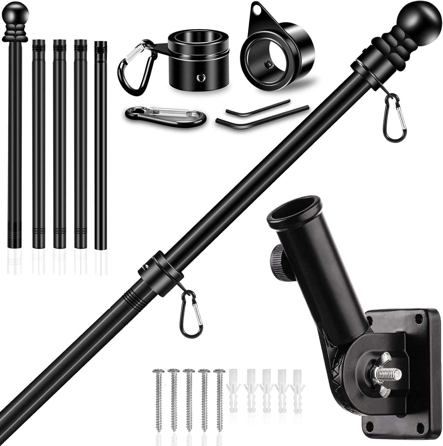 6 FT Flag Pole Kit with Mutil-Position Adjustable Bracket & Spinning Flagpole Rings, 1" Thicken Stainless Steel Metal Flag Poles for 3x5 Flag Outside House Wall Post Mount (6 FT, w/180° Black Bracket)