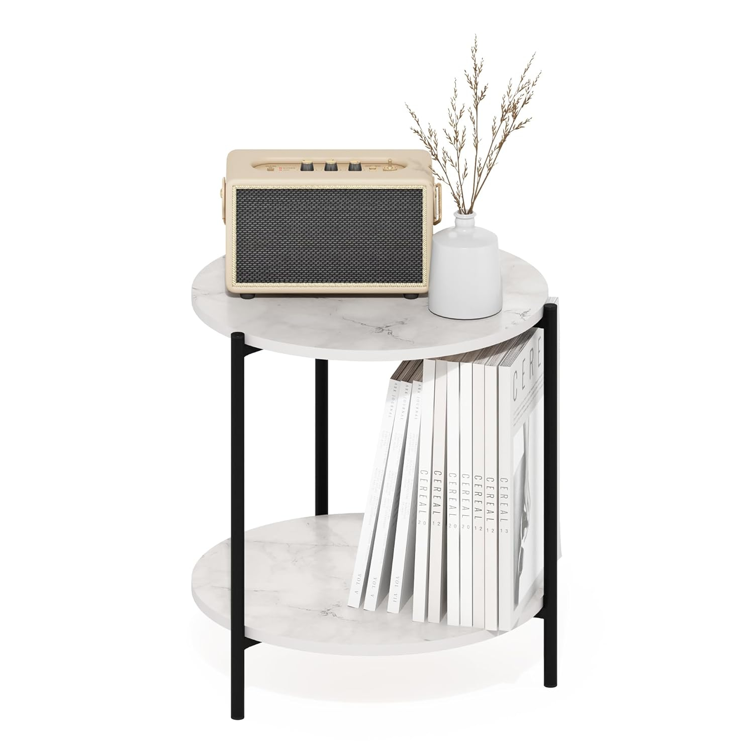 Compact Round White Wood and Metal Side Table
