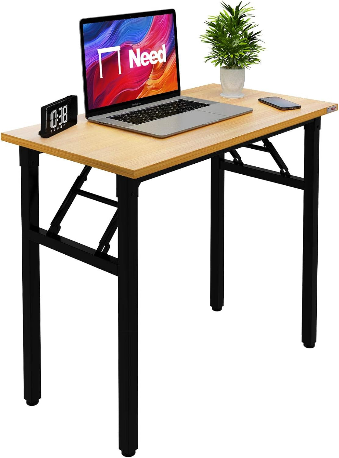 SOGES 31.5 inches Folding Desk No Assembly Sturdy Small Writing Desk for Small Spaces, Teak & Black