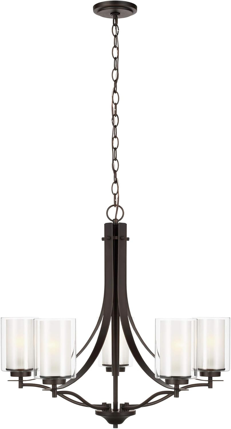 Elmwood Park 5-Light Bronze Modern Transitional Hanging Candlestick Chandelier with Satin Etched Glass Shades