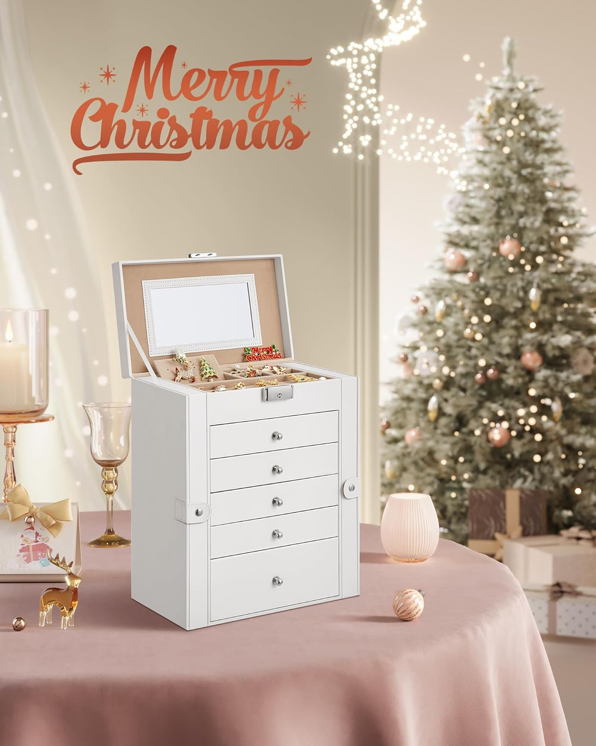 Wonderful Mirror Drawers Jewelry Boxes, White, 6.84 lbs