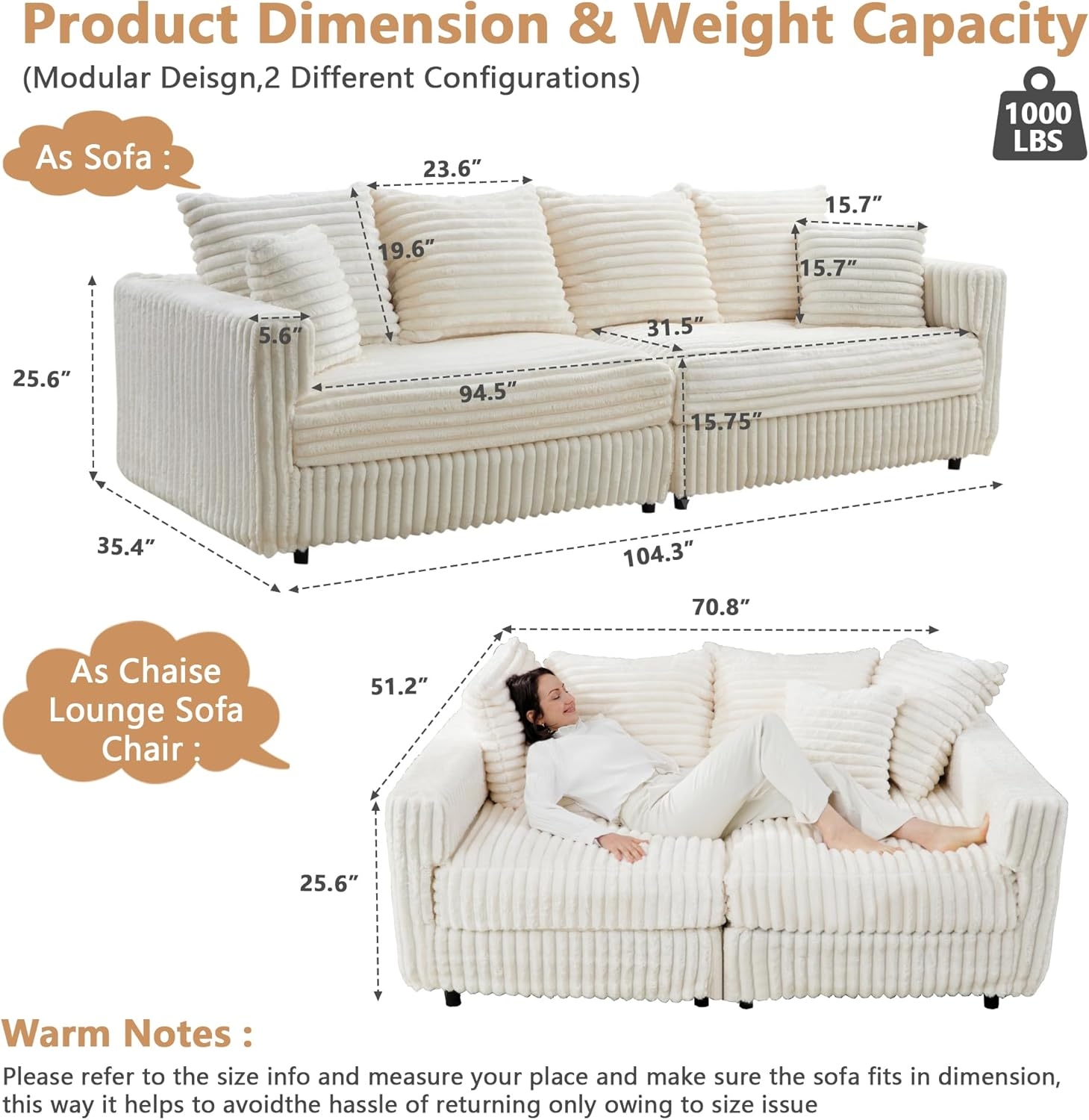 104.3''Cloud Sectional Couch,Oversized Living Room Convertible Sofa, Plush Corduroy Sofa W/6 Soft Pillows,4 Deep Seat Memory Foam Couches,Plush Couch for Living Room, Apartment (Beige)
