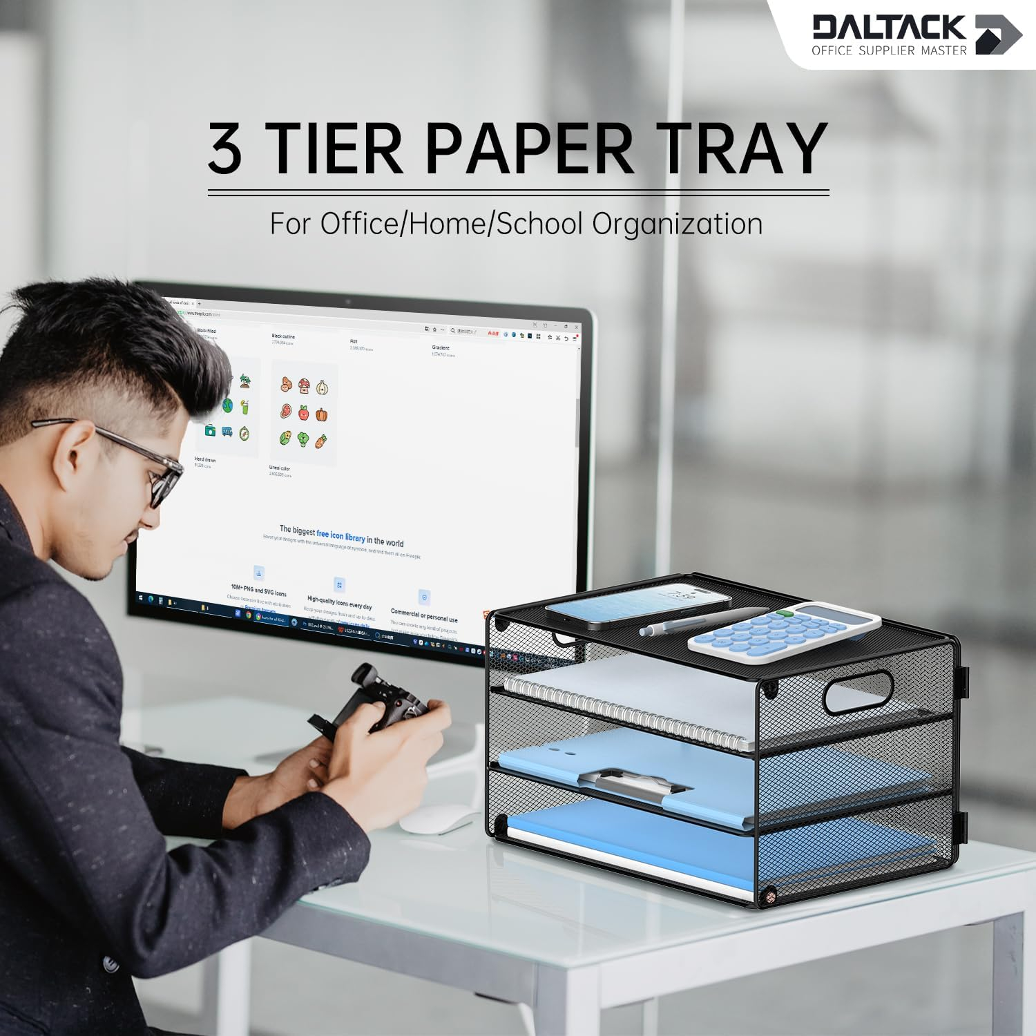 DALTACK 3 Tier Letter Tray Paper Organizer Mesh Metal Desk File Organizer for Home & Office, Black