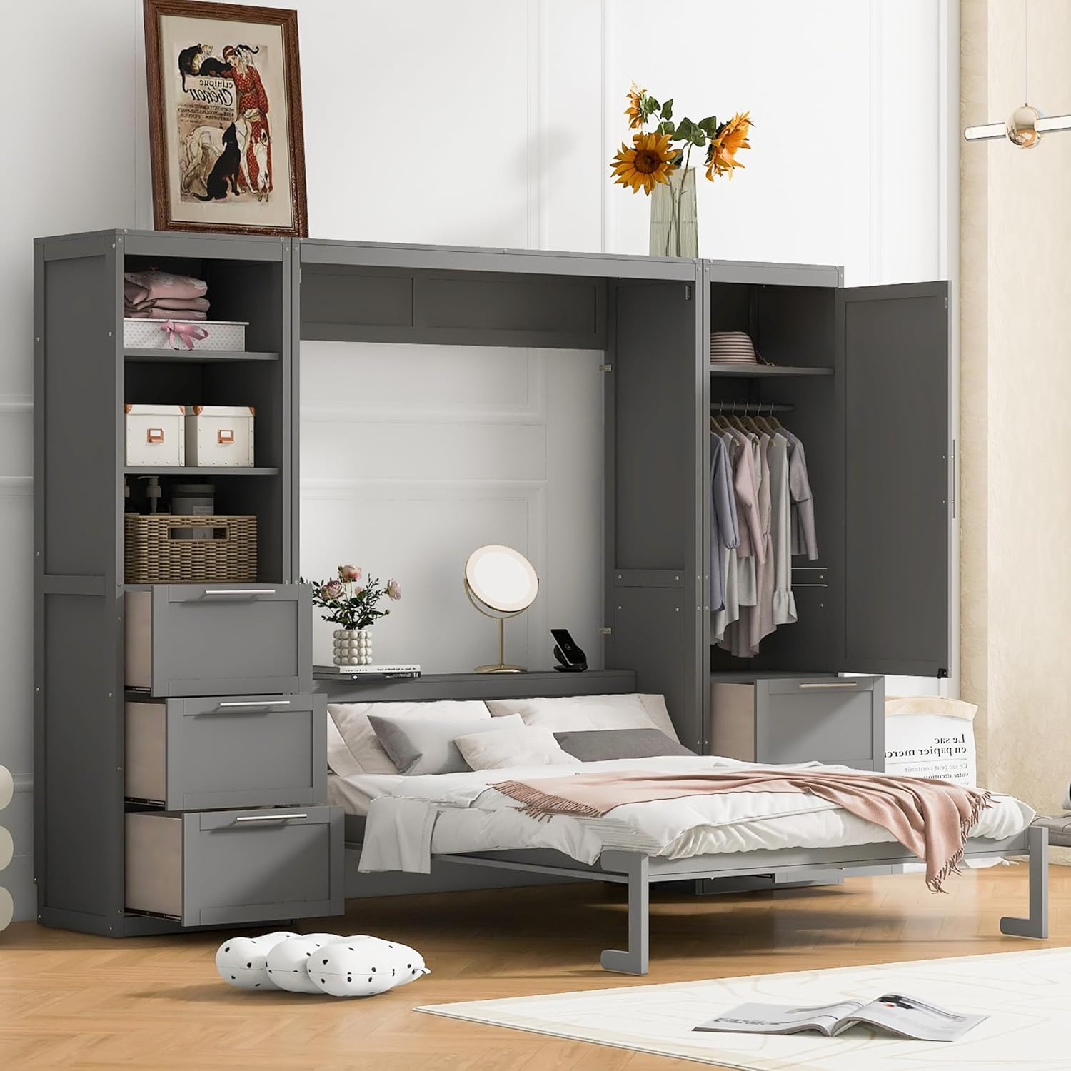 Merax Queen Size Murphy Bed, Wooden Wall Bed with Drawers, Closet and Shelves, Gray