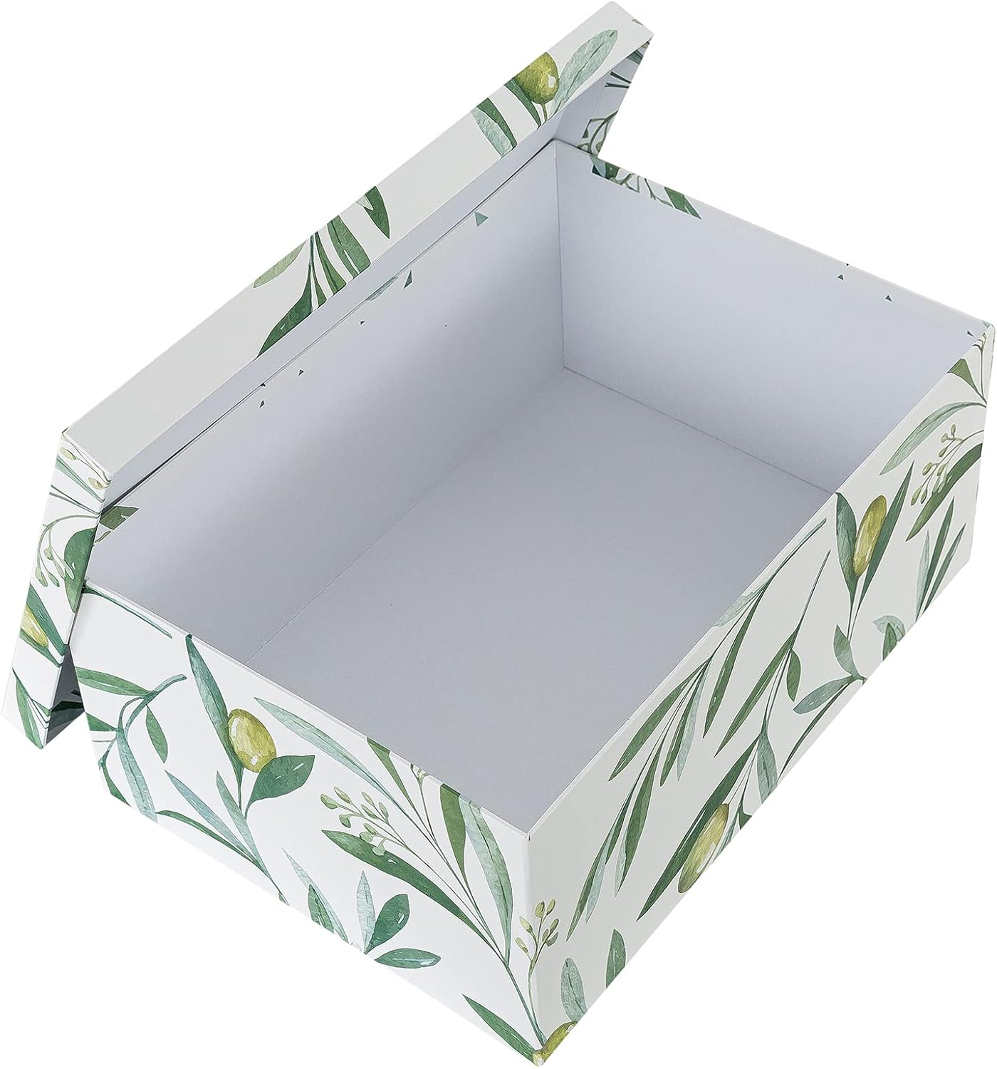 Soul & Lane Olive Branches Cardboard Boxes - Set of 3: Botanical Themed Wedding Favor Bins, Paperboard Photo Storage Box, Flower Decorative Storage Boxes with Lids, Green and White Gift Bins