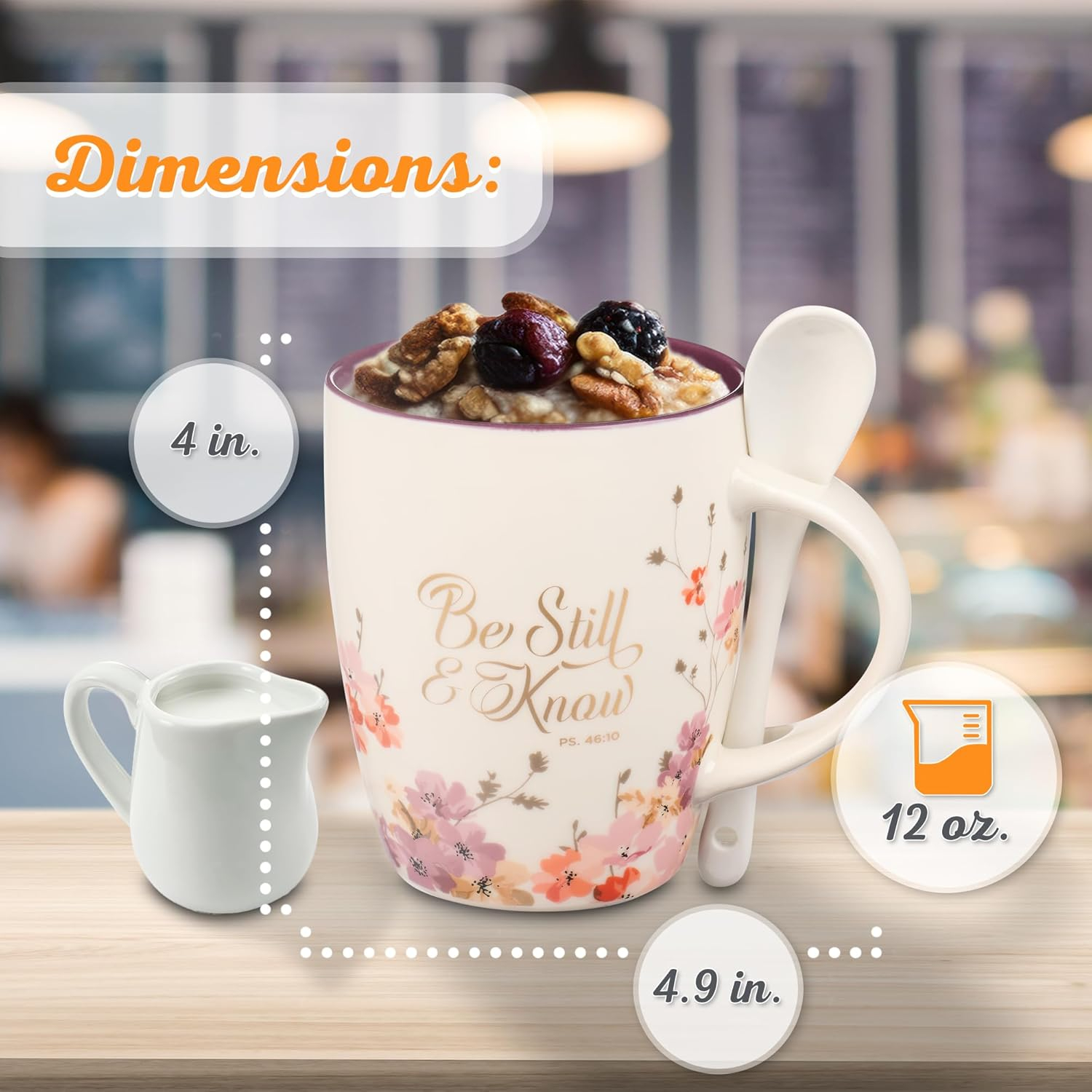Christian Art Gifts Coffee and Tea Scripture Mug with Ceramic Spoon Set for Women: Be Still and Know - Psalm 46:10 Inspirational Bible Verse Message Hot & Cold Beverage, Purple/White Floral, 12 oz.