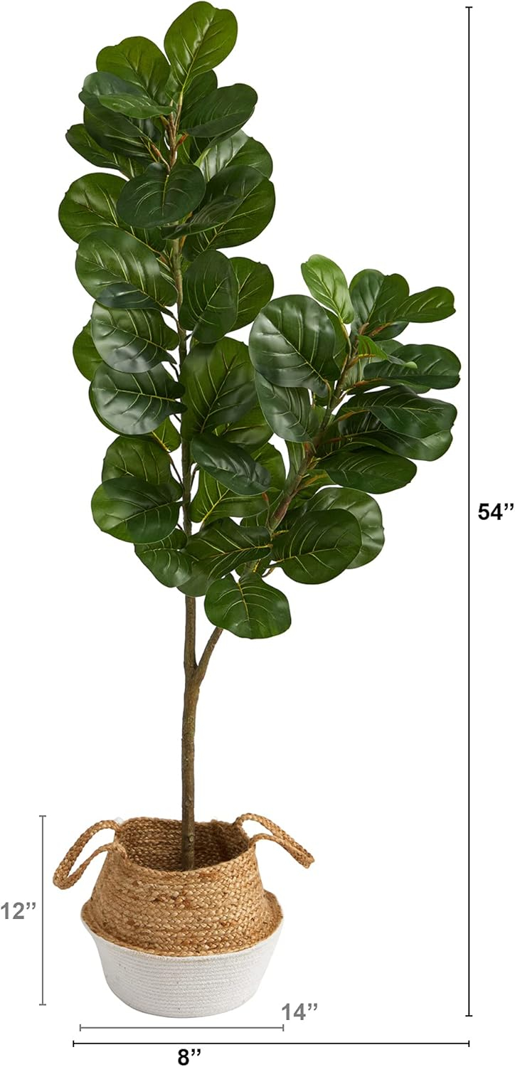 Nearly Natural 4.5ft. Fiddle Leaf Fig Artificial Tree with Boho Chic Handmade Cotton & Jute White Woven Planter