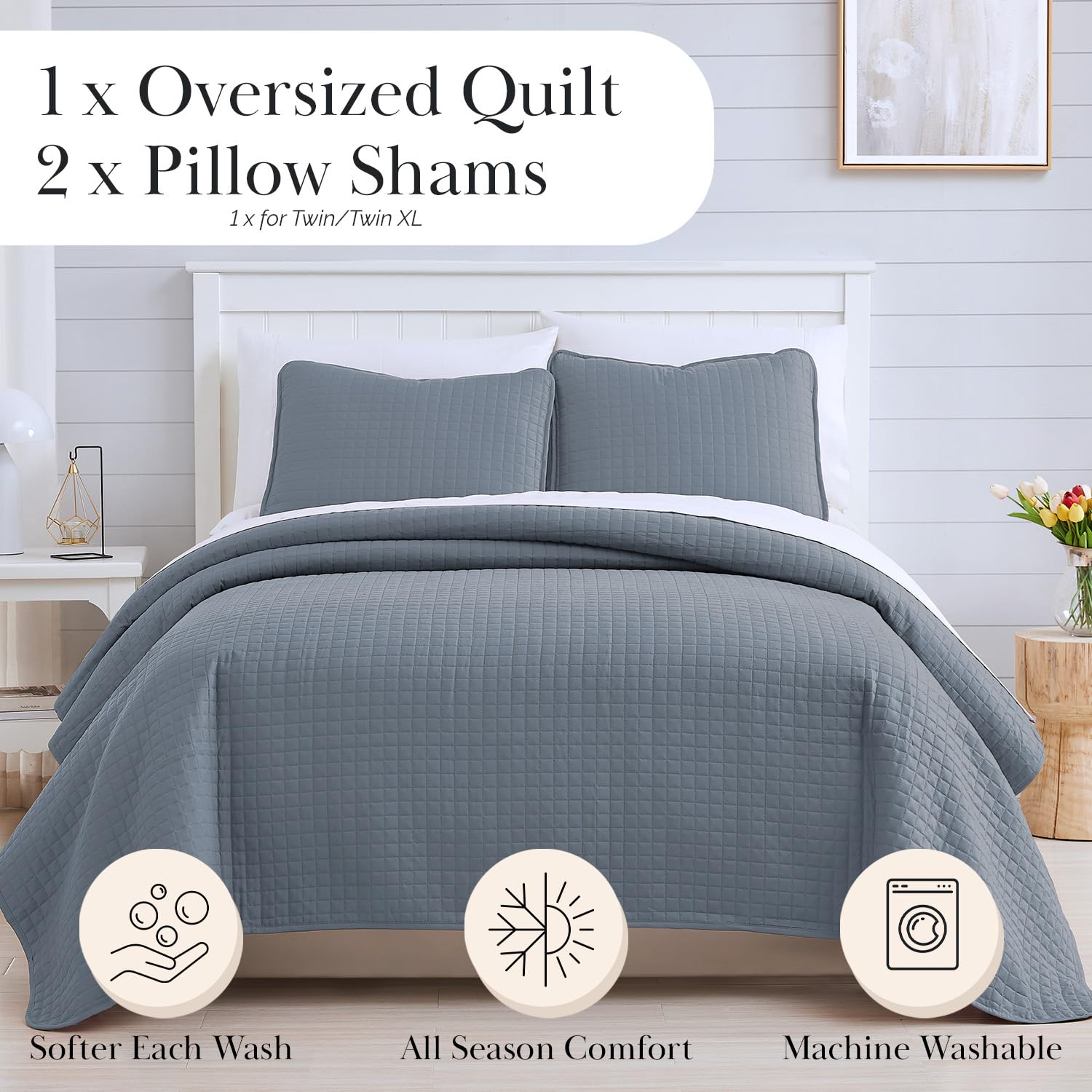 Southshore Fine Living, Inc. Queen Quilt Set, Full Size Bedspread with 2 Matching Pillow Shams, Soft Microfiber Lightweight Quilts, Queen Size Coverlet, Easy Care Machine Washable, Slate Blue