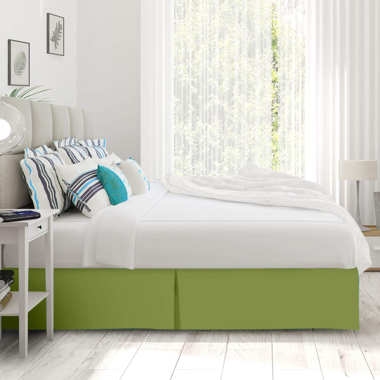 Clara Clark Pleated Bed Skirt - 14 inch Tailored Drop - Luxury Microfiber Dust Ruffle - Includes 8 Pins, Queen Size, Calla Green