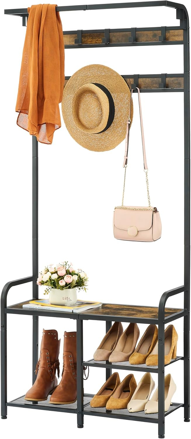 Tajsoon Coat Rack, Hall Tree with Shoe Bench for Entryway, 3-in-1 Shoe Rack Different Heights, Entryway Bench with Coat Rack, Metal, Rustic Brown and Black