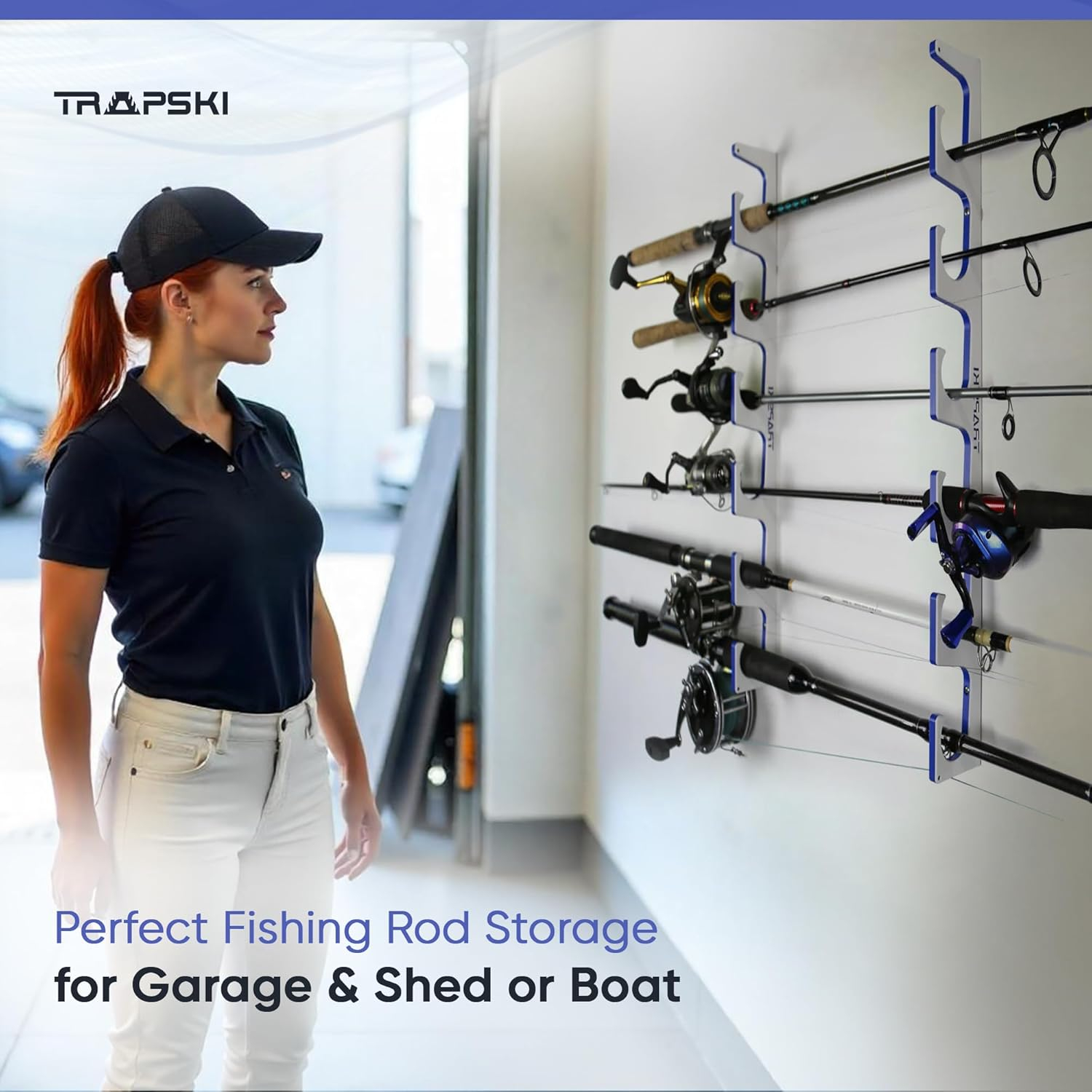Made in the USA Fishing Rod/Pole Holder Rack Organizers | Wall or Ceiling Mounted Fishing Rod Rack | Durable Marine Grade HDPE Plastic | Fishing Pole Holder Holds up to 3 to 12 + Stackable
